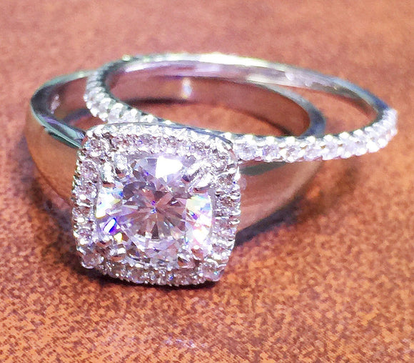 Halo Bridal Set Engagement Ring 2ct Round Cut VVS1 Diamond 14k White Gold Finish