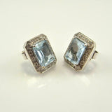 2.2ct Emerald Cut Blue Aquamarine Diamond Halo Stud Earrings 14k White Gold Over