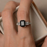 1ct Emerald Cut Black Diamond Solitaire Engagement Ring 14k White Gold Finish
