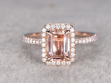 2.8ct Emerald Cut Peach Morganite Halo Women Solitaire Ring 14k Rose Gold Finish