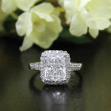 4Ct Radiant Cut Diamond Dual Row Shank Halo Engagement Ring 14K White Gold Over