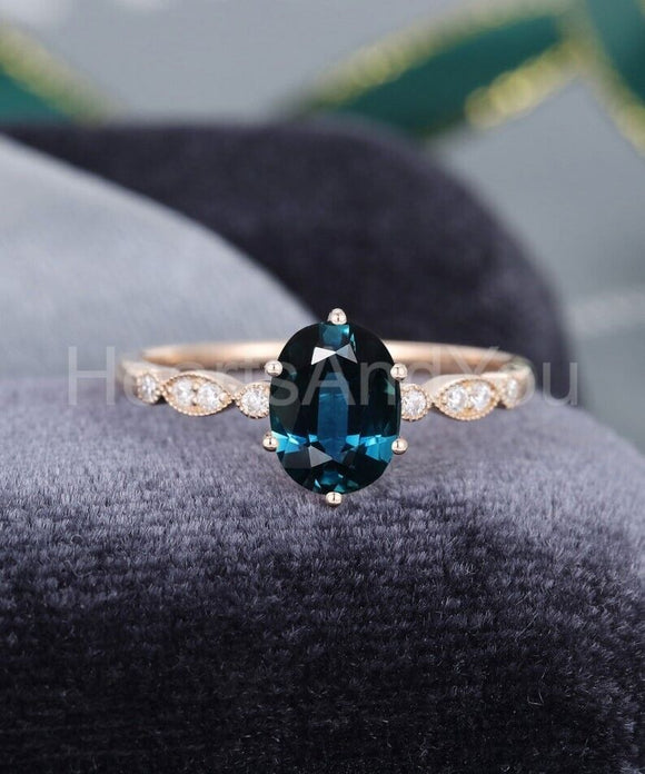 1ct Oval Cut Simulated London Blue Topaz Milgrain Ring 14k Rose Gold Plated