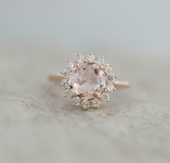 2ct Round Cut Peach Morganite Engagement Ring Diamond Floral 14k RoseGold Finish