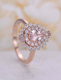 2ct Pear Cut Peach Morganite Engagement Ring Dual Halo Diamond 14k RoseGold Over