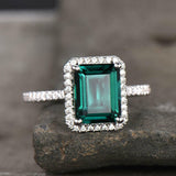 2.23ct Green Emerald Cut Round Accent Halo Engagement Ring 14k White Gold Finish