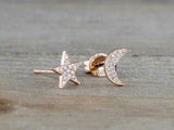 0.3ct Round Cut VVS1D Diamond Star and Moon Stud Earrings 14k Rose Gold Finish