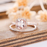 2ct Cushion Cut Simulated Peach Morganite Halo Bridal Set 14k Rose Gold Plated