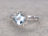 2.3ct Cushion Cut Blue Aquamarine Diamond Floral Halo Ring 14k White Gold Finish