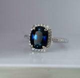 2.2ct Engagement Ring Oval Cut Blue Sapphire Diamond Halo 14k White Gold Finish