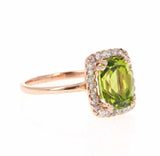 3ct Elongated Cushion Cut Green Peridot Engagement Ring Halo 14k RoseGold Finish