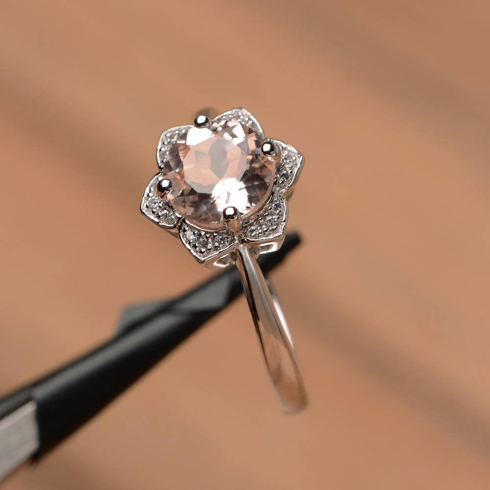 Round Cut Peach Morganite Sunflower Engagement Ring 14k