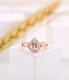 1ct Pear Cut Simulated Morganite Split Halo Engagement Ring 14k Rose Gold Plated