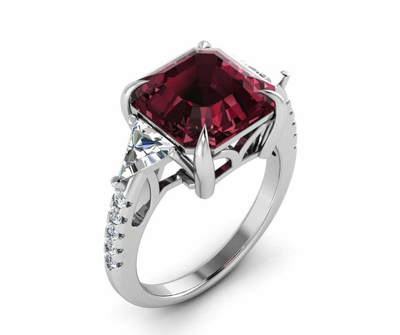 2ct Asscher Cut Red Garnet Trillion Accent Trilogy Ring 14k White Gold Finish