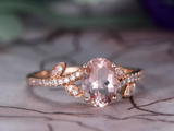 1.5ct Oval Cut Morganite Engagement Ring Diamond Leaf Accent 14k Rose Gold Over