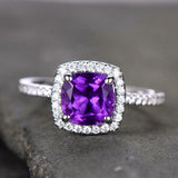 2.2ct Engagement Ring Cushion Cut Purple Amethyst Halo 14k White Gold Finish
