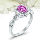 2ct Oval Cut Pink Sapphire Engagement Ring Twist Shank Halo 14k WhiteGold Finish