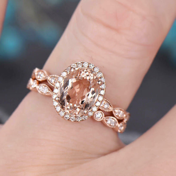 2ct Oval Cut Peach Morganite Engagement Ring 14k RoseGold Finish Halo Bridal Set