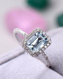 3Ct Emerald Cut Blue Aquamarine Halo Ring 14K White Gold Over with Round Accents