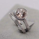 2ct Round Cut Peach Morganite Milgrain Bezel Bridal Set Ring 14k White Gold Over