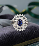 4ct Oval Blue Sapphire Floral Halo Trio Set Engagement Ring 14k White Gold Over