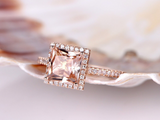 2ct Princess Cut Peach Morganite Engagement Ring Diamond Halo 14k Rose Gold Over