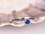 0.4ct Round Cut Blue Sapphire Engagement Ring Diamond Trilogy 14k WhiteGold Over