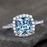 2.2ct Engagement Ring Cushion Cut Blue Topaz Diamond Halo 14k White Gold Finish