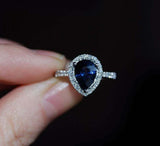 1.8ct Engagement Ring Pear Cut Blue Sapphire Diamond Halo 14k White Gold Finish