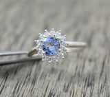 2.2ct Engagement Ring Round Cut Blue Tanzanite Floral Halo 14k White Gold Finish