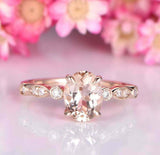 1.3ct Oval Cut Morganite Engagement Ring Art Deco Milgrain 14k Rose Gold Finish