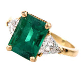 3Ct Green Emerald Trilogy Engagement Ring 18K Yellow Gold Finish Trillion Accent