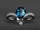 2.1ct Pear Cut London Blue Topaz Curved Stackable Ring 14k White Gold Finish