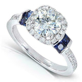 3.5ct Round Cut Diamond Halo Solitaire Sapphire Accents Ring 14K White Gold Over