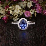 2.2ct Oval Cut Blue Tanzanite Halo Promise Engagement Ring 14k White Gold Finish
