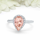 3ct Pear Morganite Engagement Ring Diamond Halo Minimalist 14k White Gold Finish