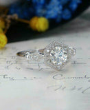 2.5ct Round Diamond Engagement Ring 14k White Gold Over Milgrain Hexagon Shape