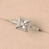 1.2ct Engagement Ring Princess Cut Peach Morganite Halo 14k White Gold Finish