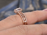 3Ct Oval Cut Peach Morganite Trio Bridal Set Engagement Ring 14K Rose Gold Over