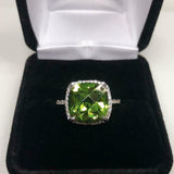 2.3ct Engagement Ring Cushion Cut Green Peridot Diamond Halo 14k White Gold Over