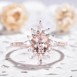 2.5ct Engagement Ring Oval Cut Peach Morganite Floral Sunburst 14k RoseGold Over
