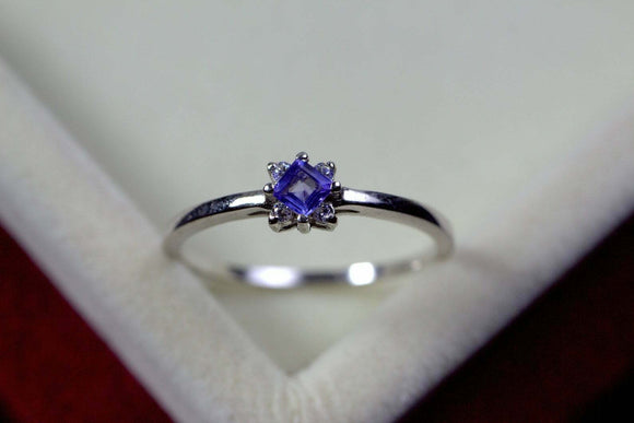 0.15ct Engagement Ring Princess Cut Blue Tanzanite Minimalist 14k WhiteGold Over