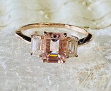 2ct Emerald Cut Simulated Peach Morganite Three Stone Ring 14k White Gold Plated