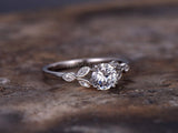 2.1ct Round Cut Moissanite Leaf Accents Engagement Ring 14K White Gold Plated
