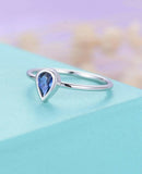 0.5ct Pear Cut Blue Sapphire Bezel Bridal Set Engagement Ring 14k WhiteGold Over