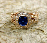 2Ct Cushion Cut Blue Sapphire Vintage Halo Engagement Ring 14K Rose Gold Finish