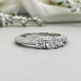2ct Engagement Ring Round Diamond Milgrain Trilogy Vintage 14k White Gold Finish