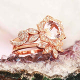 3ct Round Morganite Engagement Ring Flower Crown Bridal Set 14k Rose Gold Finish