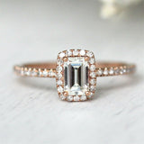 1Ct Emerald Cut DVVS1 Diamond High Set Halo Engagement Ring 14K Rose Gold Finish