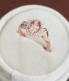1ct Oval Cut Simulated Peach Morganite Floral Leaf Halo Ring 14k RoseGold Plated
