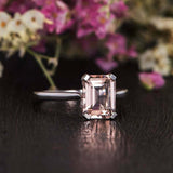 1ct Emerald Cut Peach Morganite Solitaire Engagement Ring 14k White Gold Finish